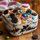 A tasty layered dessert with candies and cookies on top.