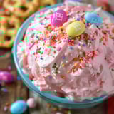 A pink cream dessert with colorful sprinkles in a bowl.