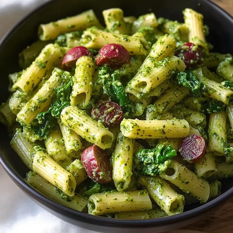 A creamy green pasta garnished with halved red grapes and hints of freshness.
