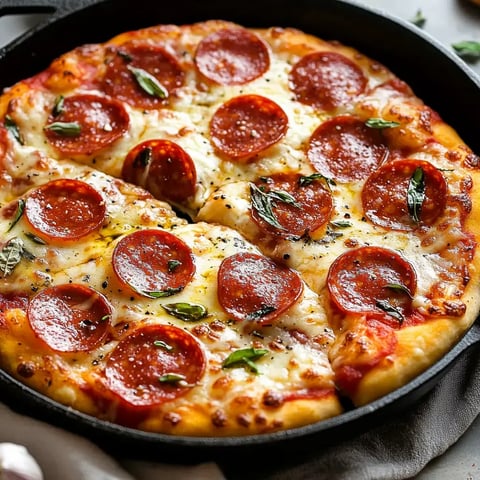 A pizza fresh out of the oven with pepperoni, basil, and crispy edges in a cast iron pan.