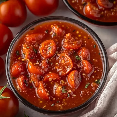 A bowl filled with thick, roasted tomato sauce, garnished with herbs and surrounded by whole cherry tomatoes.
