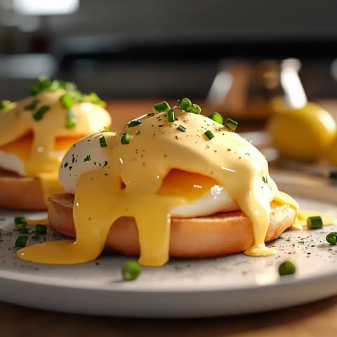 Two eggs Benedict plated on warm muffins, slathered with hollandaise sauce and sprinkled with fresh chives.