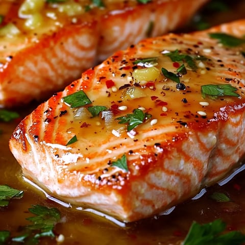 Golden honey garlic salmon with a shiny glaze, perfect for any mealtime.