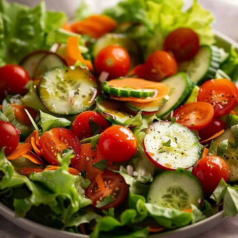 A bright garden salad topped with light vinaigrette and fresh vegetables.