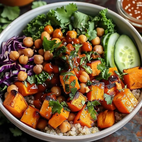 Loaded Thai peanut bowl with roasted sweet potatoes and creamy sauce.