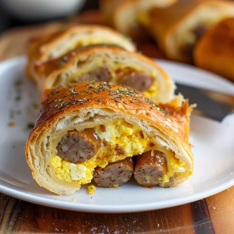 Freshly baked breakfast crescents stuffed with sausage, eggs, and cheese for a flavorful bite.