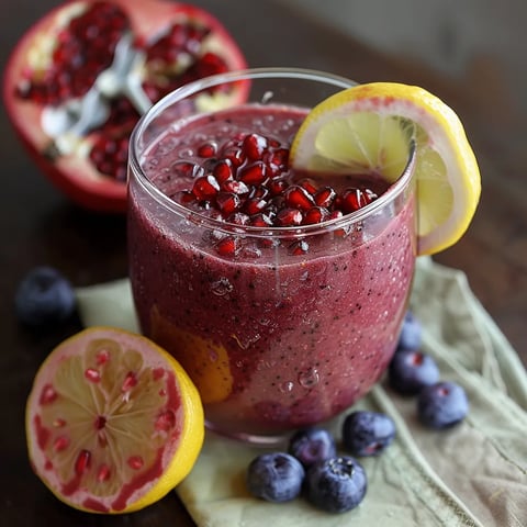 A tall glass filled with pomegranate drink, garnished with lemon and scattered blueberries.