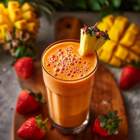 An orange-colored drink with a pineapple wedge garnish.