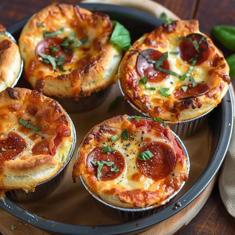 Mini pizzas topped with pepperoni and fresh basil on a plate.