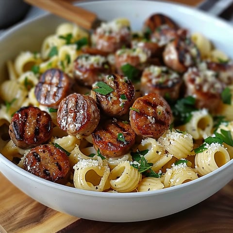 A bowl of cheesy pasta topped with sausage.